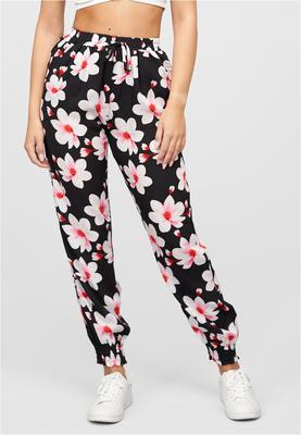 Viskose Hose mit Bündchen 2-Pockets & Big Flowers black/rose L