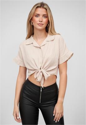 Crop Bluse mit Knopfleiste und Knoten beige L