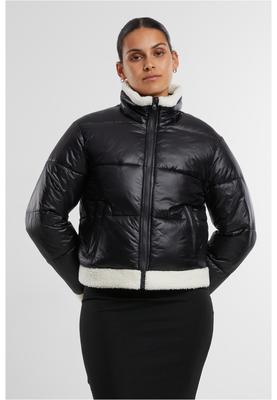 Ladies Recycled Shiny Puffer Sherpa Jacket black/whitesand 3XL