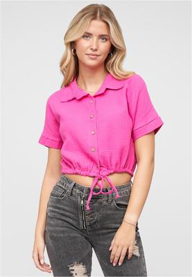Cropped Baumwoll Bluse mit Knopfleiste & Tunnelzug fuchsia L