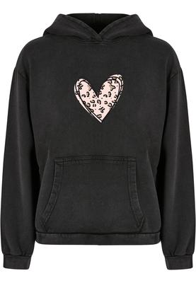 Ladies Valentines Day - Leopard Heart Acid Washed Oversized Hoody black XL