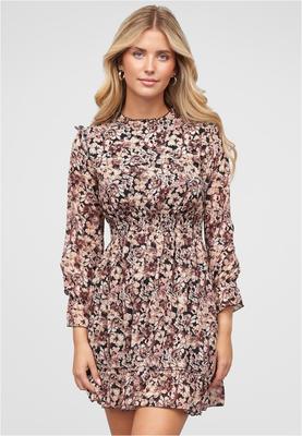 Chiffon Kleid mit Stehkragen Rüschen & Blumen Print brown L