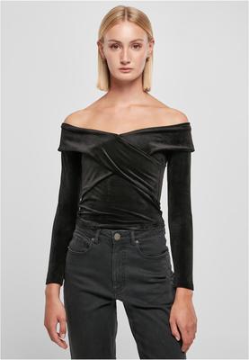Ladies Velvet Rib Crossed Off Shoulder Longsleeve black S