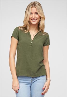 Musselin Shirt V-Neck mit Deko Knopfleiste und Spitze military green L
