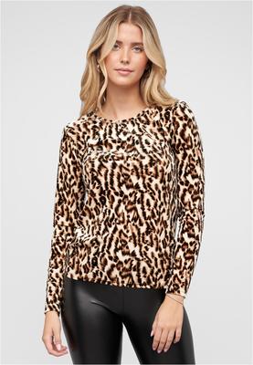Langarm Samt Shirt Longsleeve mit Leo Print beige L